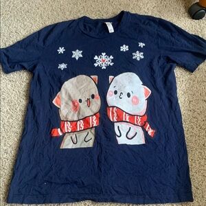 Mitao Cat Winter Navy Blue Graphic T-Shirt